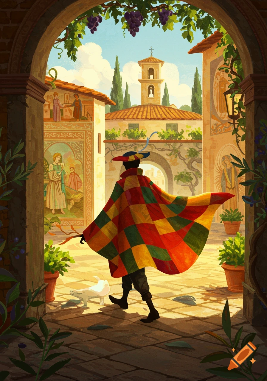 Illustration of a person in a colorful checkered cloak walking through a sunlit Italian village archway, with murals and a bell tower.
