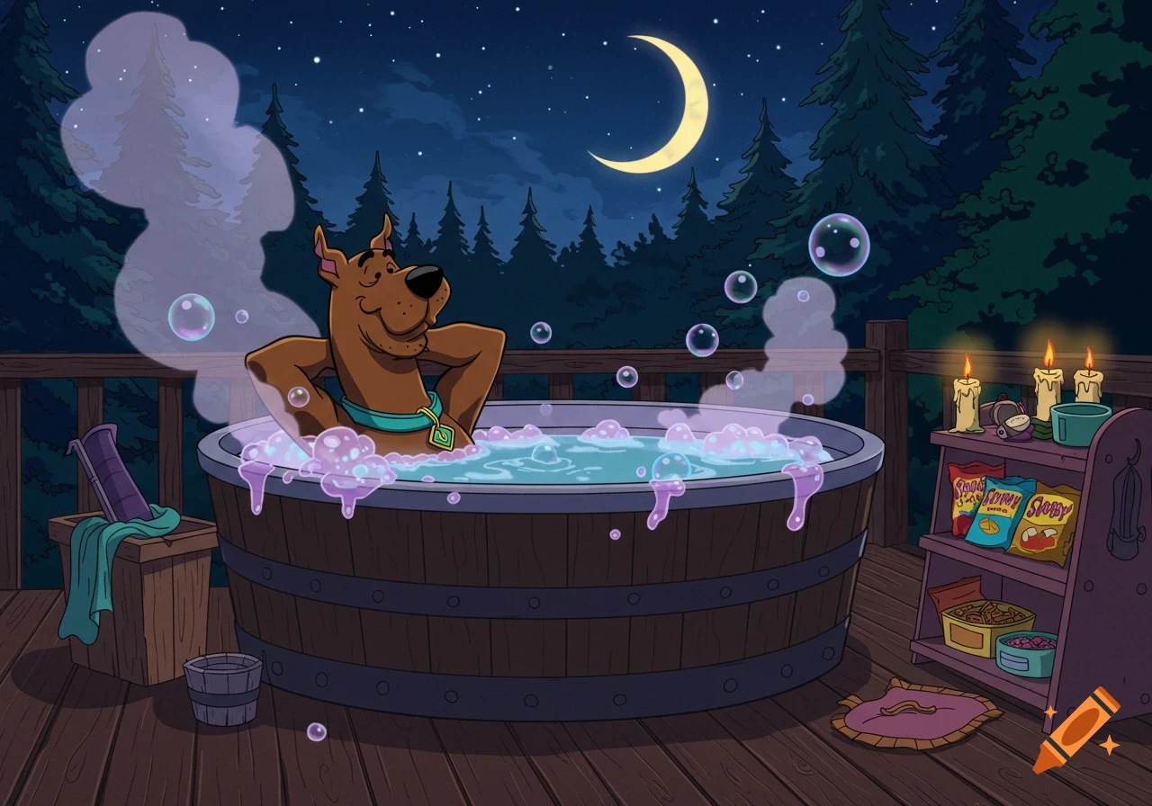 Scooby Doo relaxes in a bubbly hot tub on a wooden deck at night, with a crescent moon, pine trees, candles, and snacks nearby.