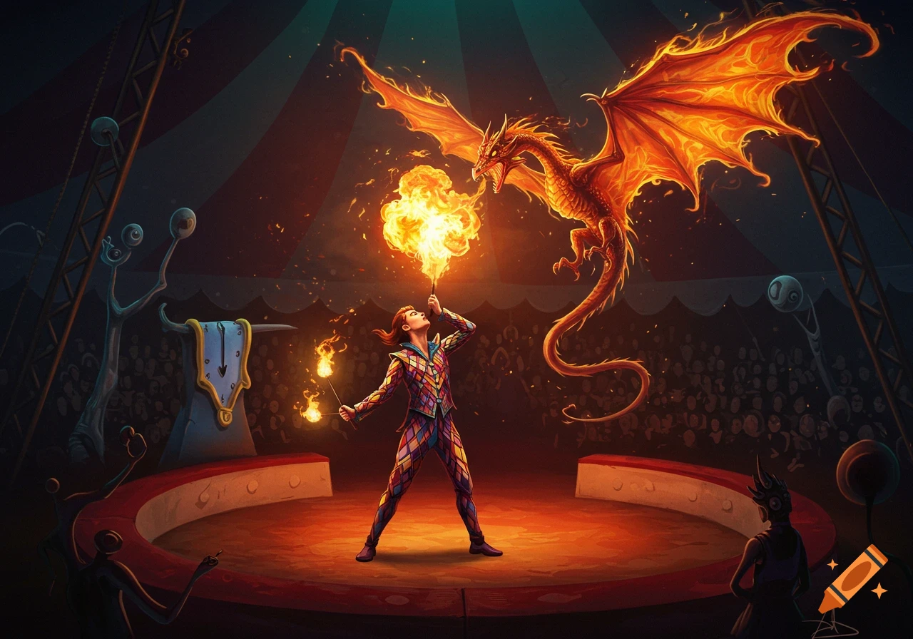 A fire-eater in a vibrant, harlequin-patterned suit breathes fire in the shape of a dragon at a surreal circus show, in the style of Salvador Dali.