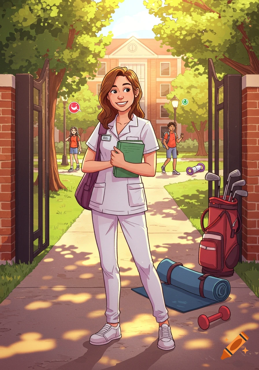 A smiling young woman in white nursing scrubs stands in front of a sunny college campus building, holding a book and a bag. A golf bag, yoga mat, and dumbbell are nearby.