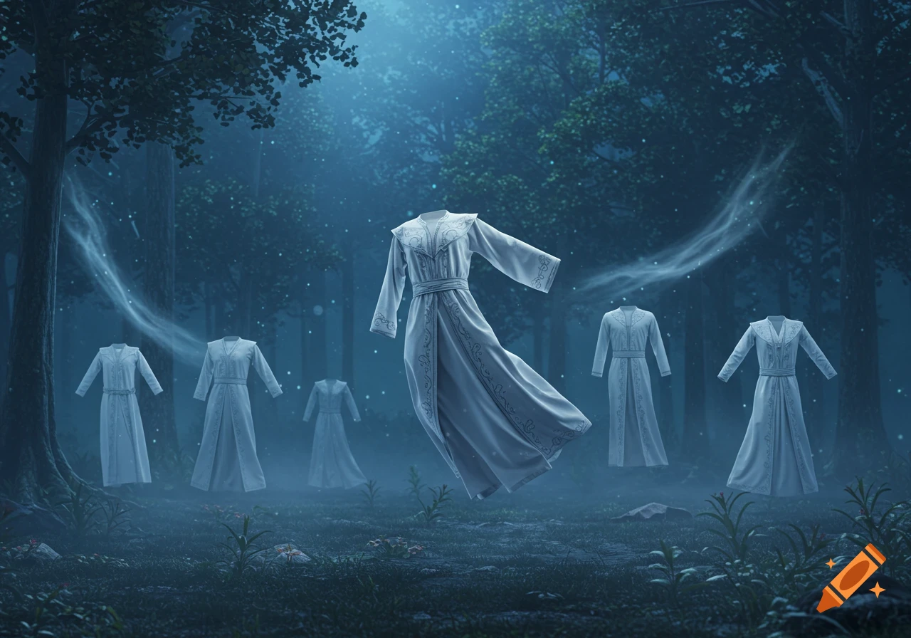 White fantasy robes float in a mystical, misty forest with glowing particles.