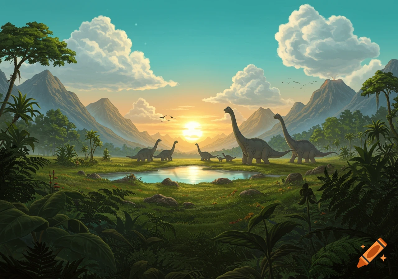 A cartoon prehistoric landscape at sunset with several long-necked dinosaurs grazing by a lake, surrounded by mountains and lush foliage.