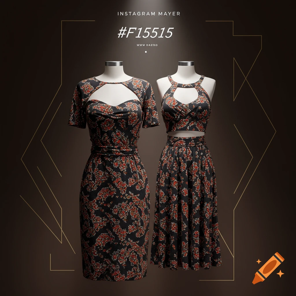 Two mannequins display black dresses with red floral patterns: one a short-sleeved dress, the other a crop top and pleated skirt.