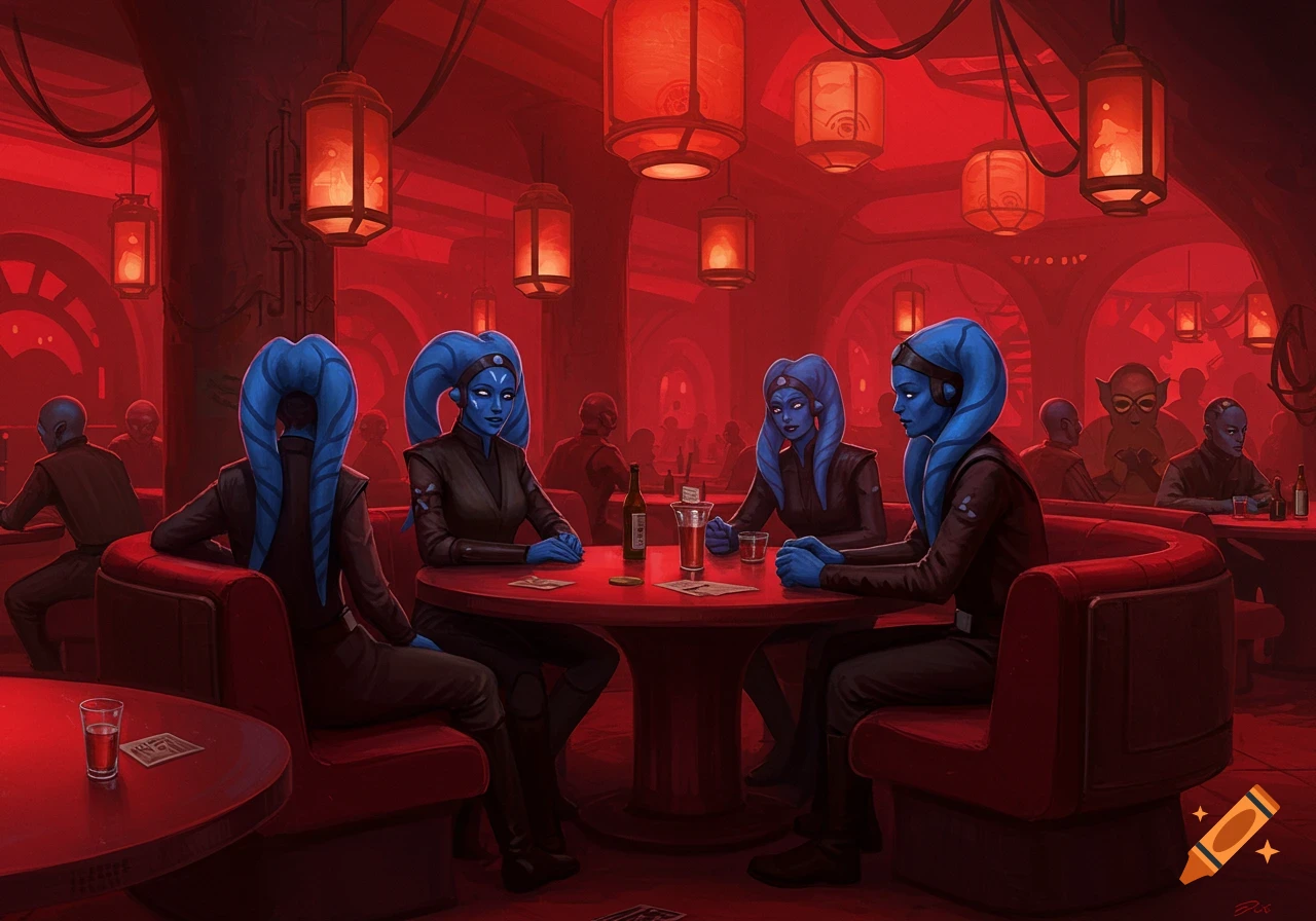Blue-skinned Twi'lek characters socialize in a dimly lit, red-hued cantina with lantern lighting, in a digital art style.