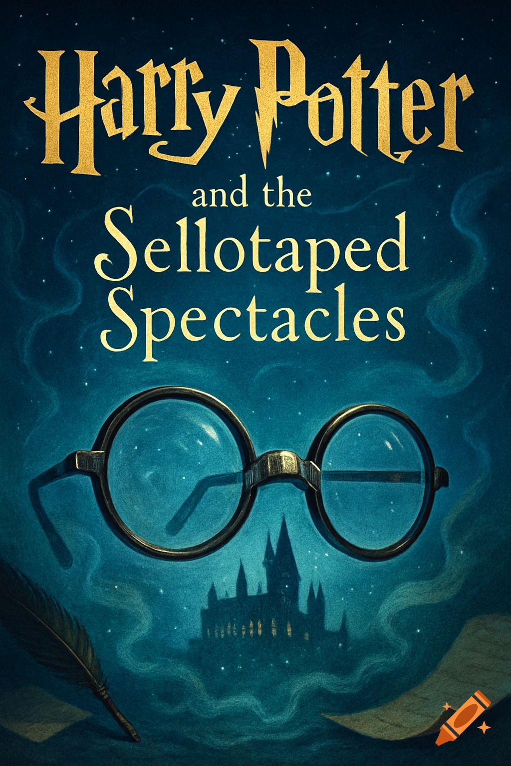 Illustrated book cover for 'Harry Potter and the Sellotaped Spectacles' with round glasses, quill, and Hogwarts silhouette on a starry blue background.