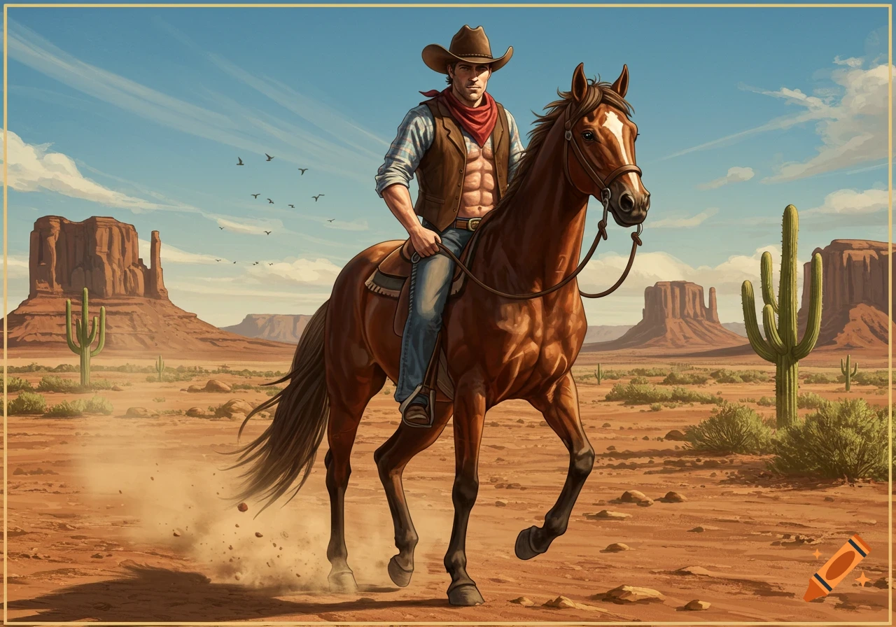 A muscular cowboy in a hat and vest rides a horse through a desert landscape with mesas and cacti under a blue sky.