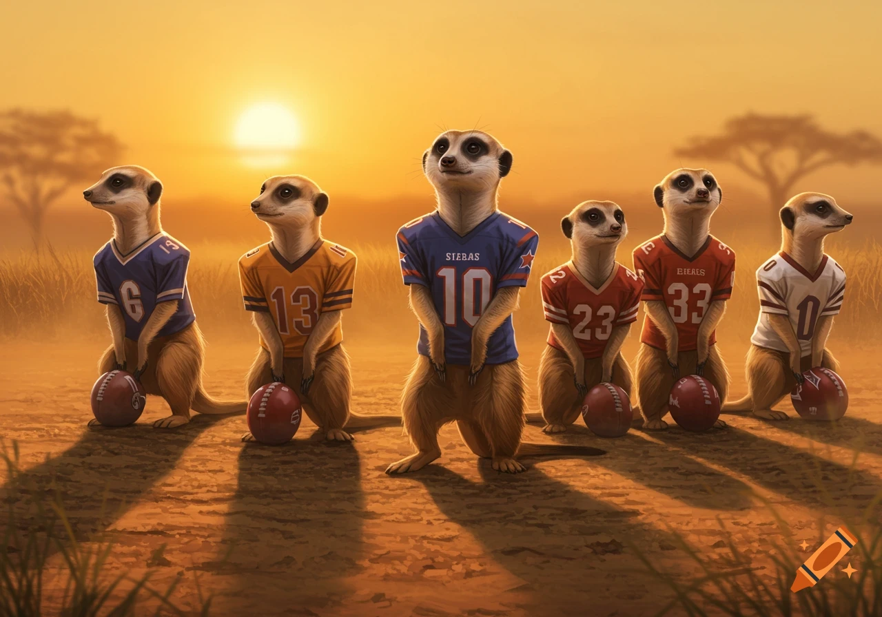 Six meerkats in football jerseys holding footballs, kneeling on a savanna at sunset.
