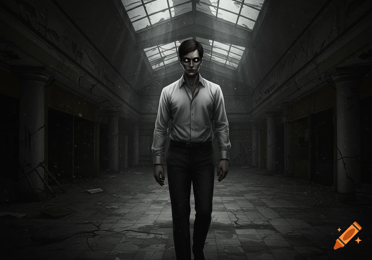 An eerie manga-style man with glowing white eyes and black sclera stands in a dark, abandoned, dilapidated mall.
