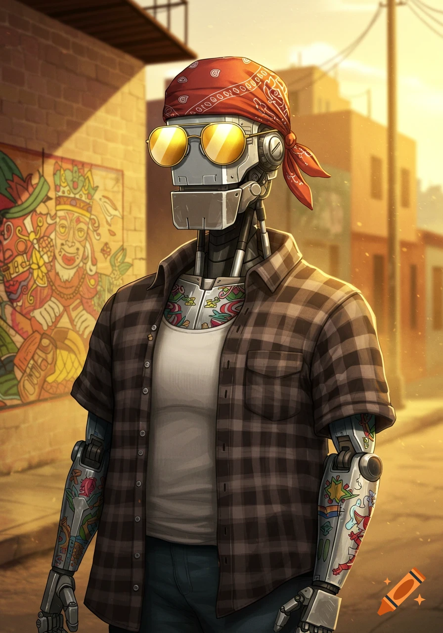 A robot in a red bandana, sunglasses, plaid shirt, and tattoos stands on an urban street with a colorful mural.