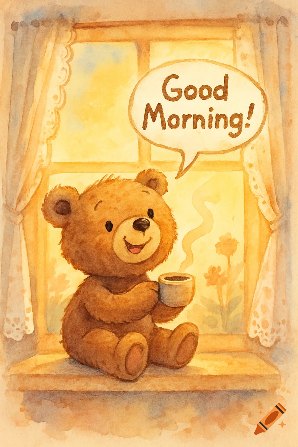 Watercolor illustration of a smiling teddy bear holding a cup, sitting on a sunlit windowsill with a 'Good Morning!' speech bubble.