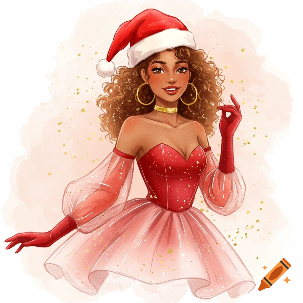 A smiling woman with curly hair wearing a Santa hat, red strapless dress with sheer sleeves, and red gloves in a watercolor style.