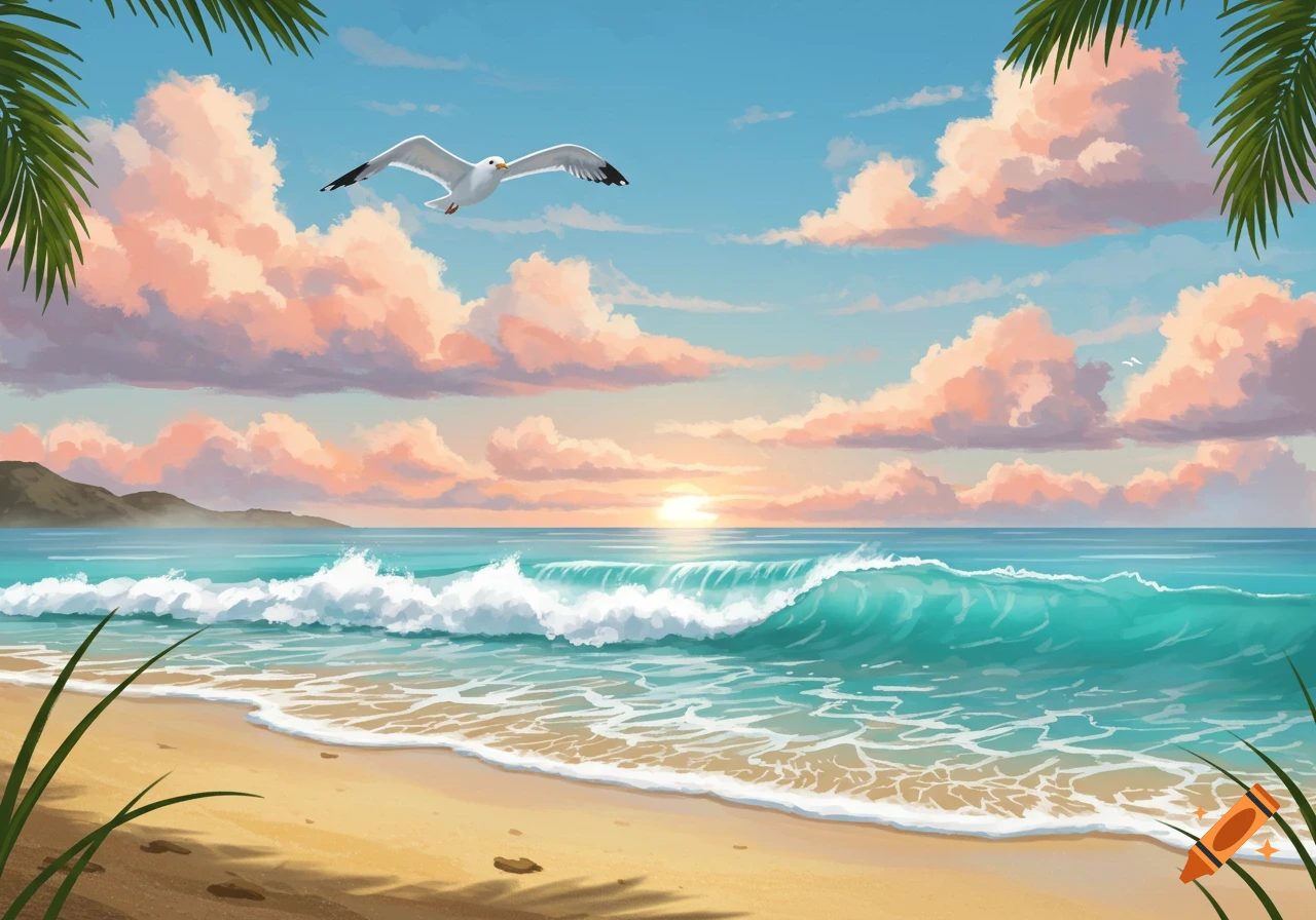 Vibrant illustration of a beach at sunset with a seagull flying over turquoise waves and golden sand.