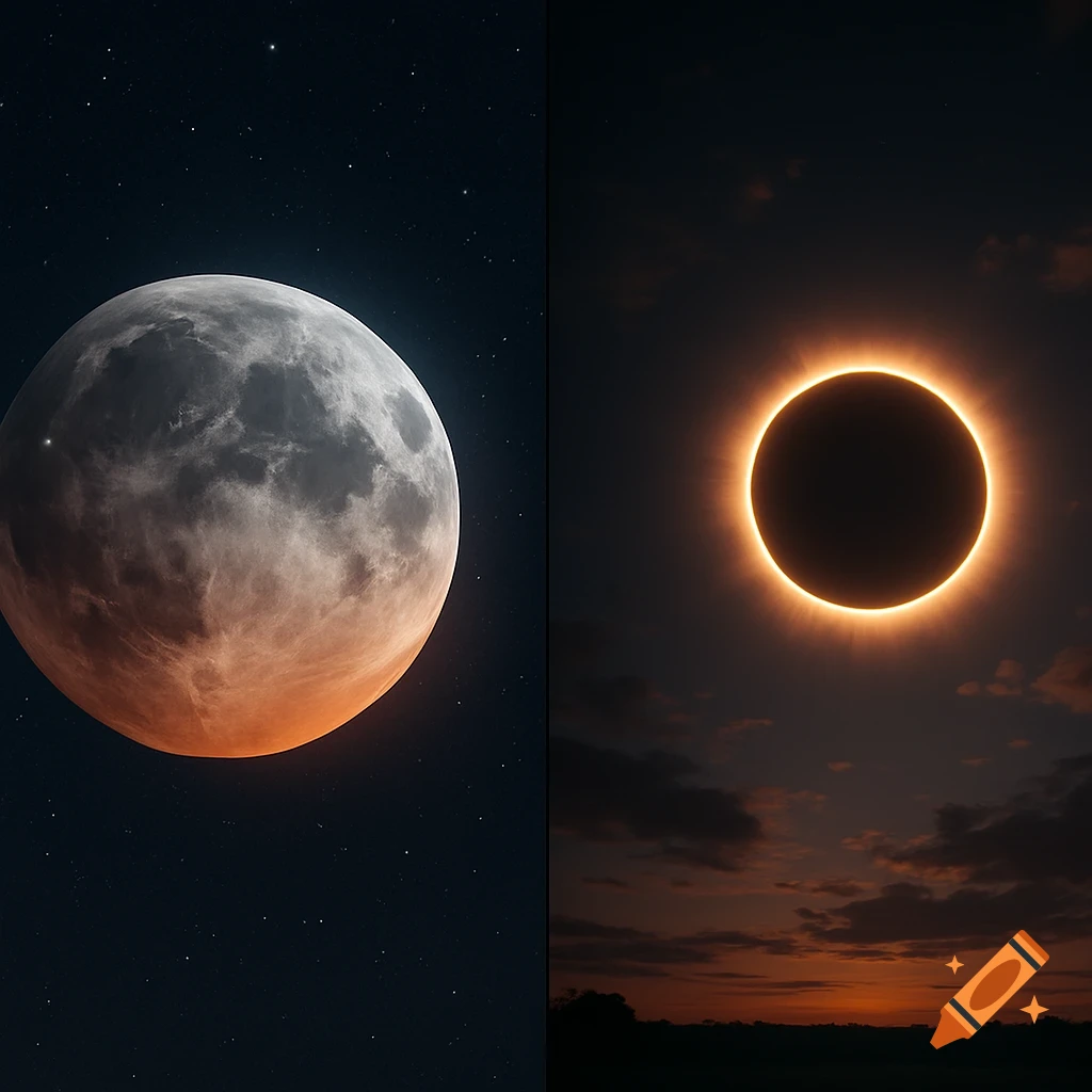 A split image showing a reddish lunar eclipse on the left and a solar eclipse with a glowing corona on the right.