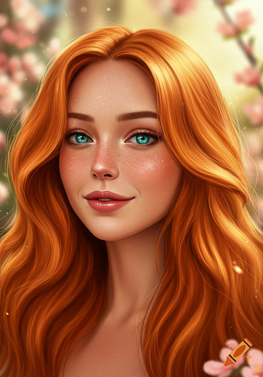 Digital painting of a smiling woman with long red hair, turquoise eyes, and freckles, against a blurred background of pink blossoms.