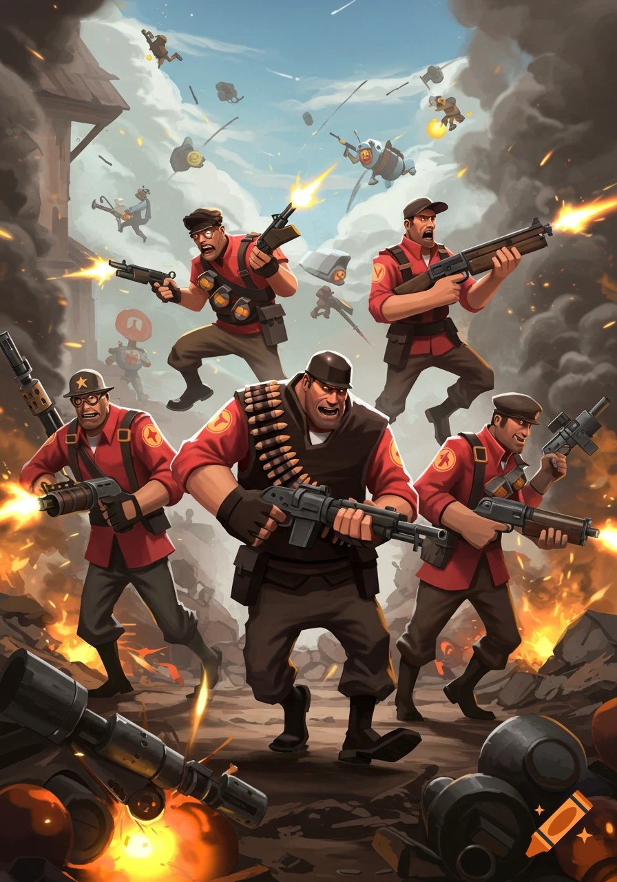 Stylized Team Fortress 2 RED team characters in a chaotic battle scene, firing weapons amidst smoke and explosions.