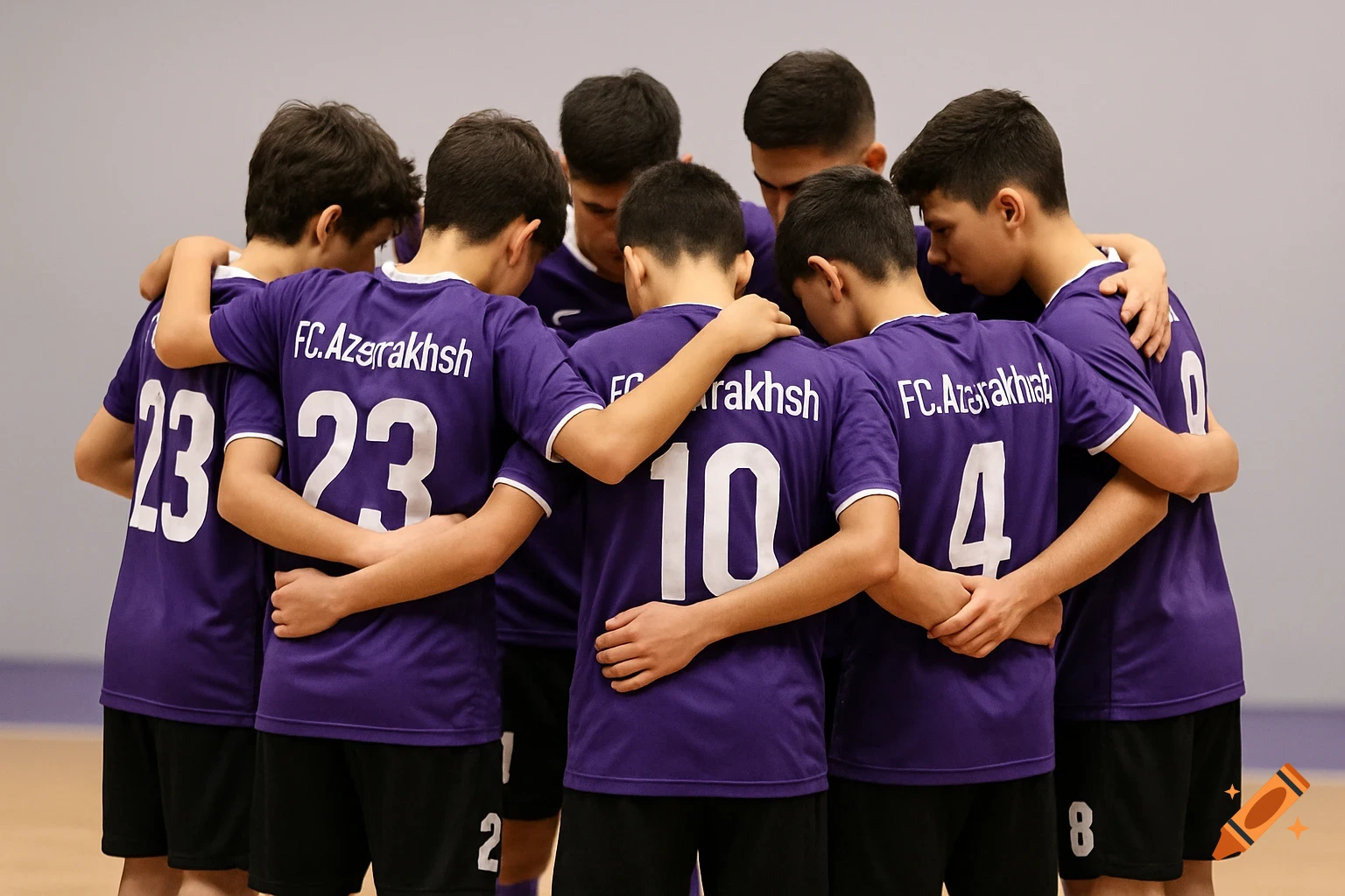 A group of young futsal players in purple jerseys and black shorts huddle together, arms around shoulders, with heads down.