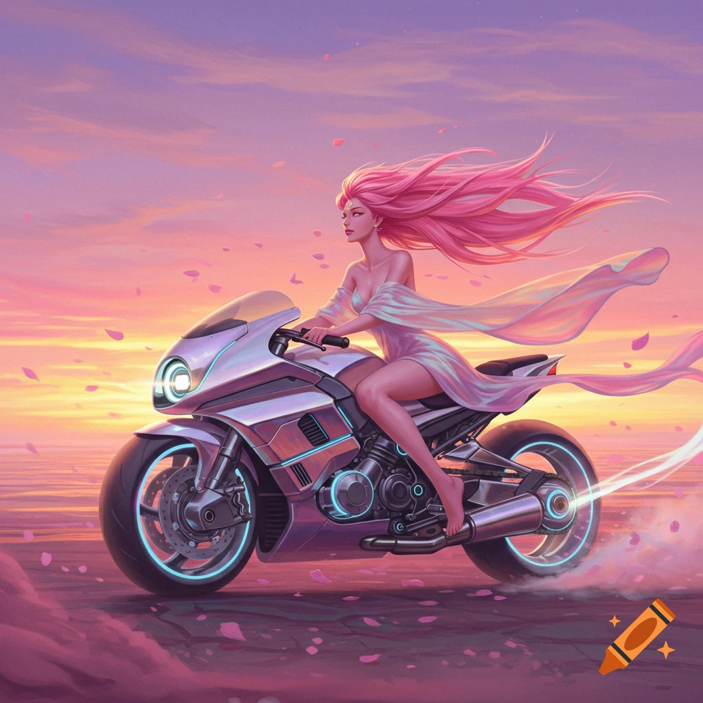 Vibrant digital art of a pink-haired woman riding a futuristic glowing motorcycle across water at sunset, with falling petals.