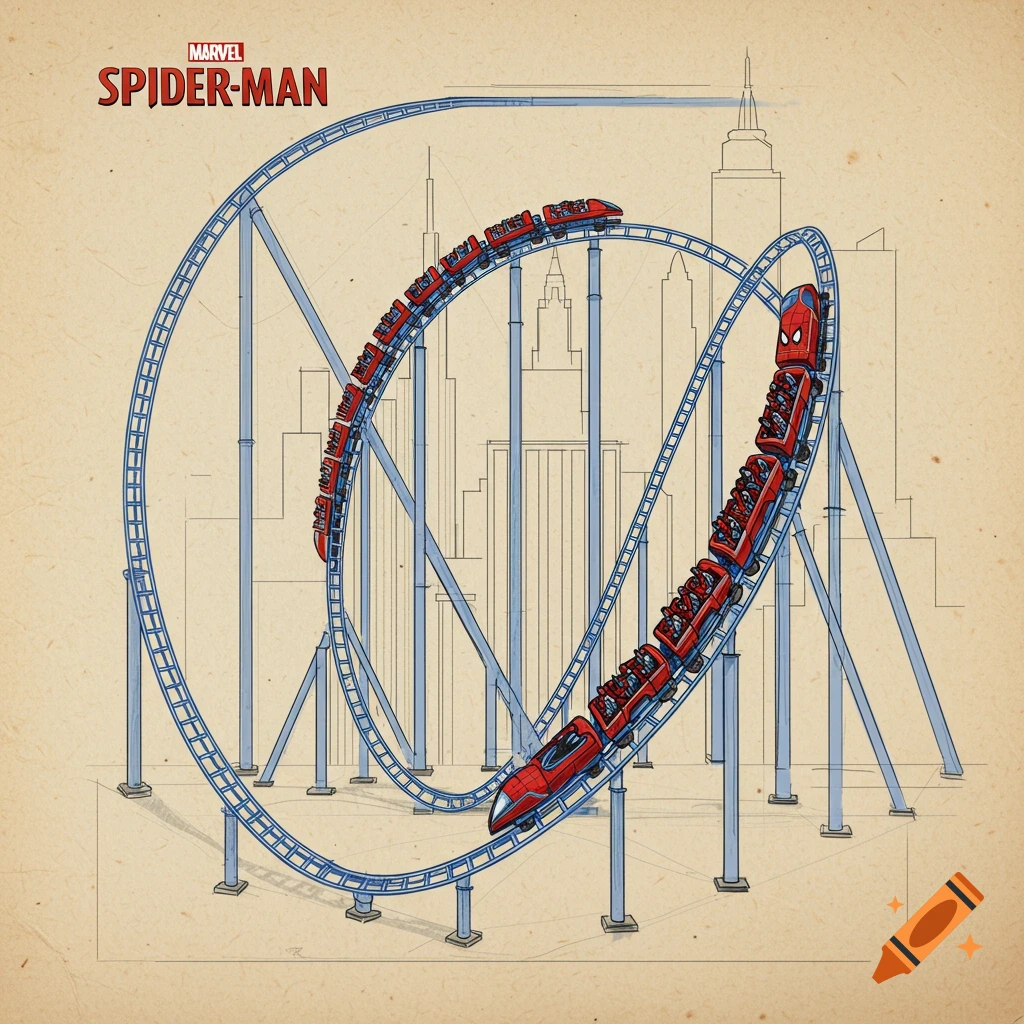 An illustrated blueprint of a red Spider-Man themed roller coaster on a blue track, set against a sketched city skyline.