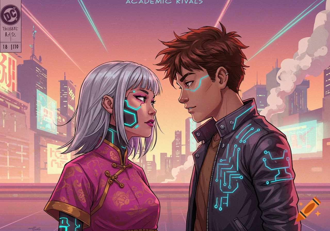 A cyberpunk comic book cover features a silver-haired girl and a brown-haired boy with glowing circuit patterns on their faces and clothes, looking at each other against a futuristic city skyline at sunset. The title "ACADEMIC RIVALS" is at the top.
