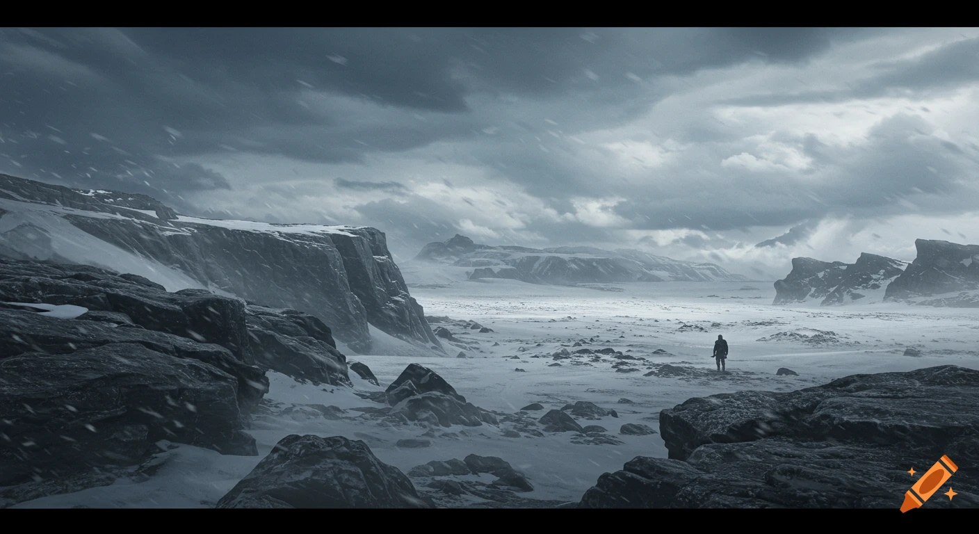 A lone figure stands in a vast, snow-covered rocky tundra under a stormy sky, with mountains in the distance.