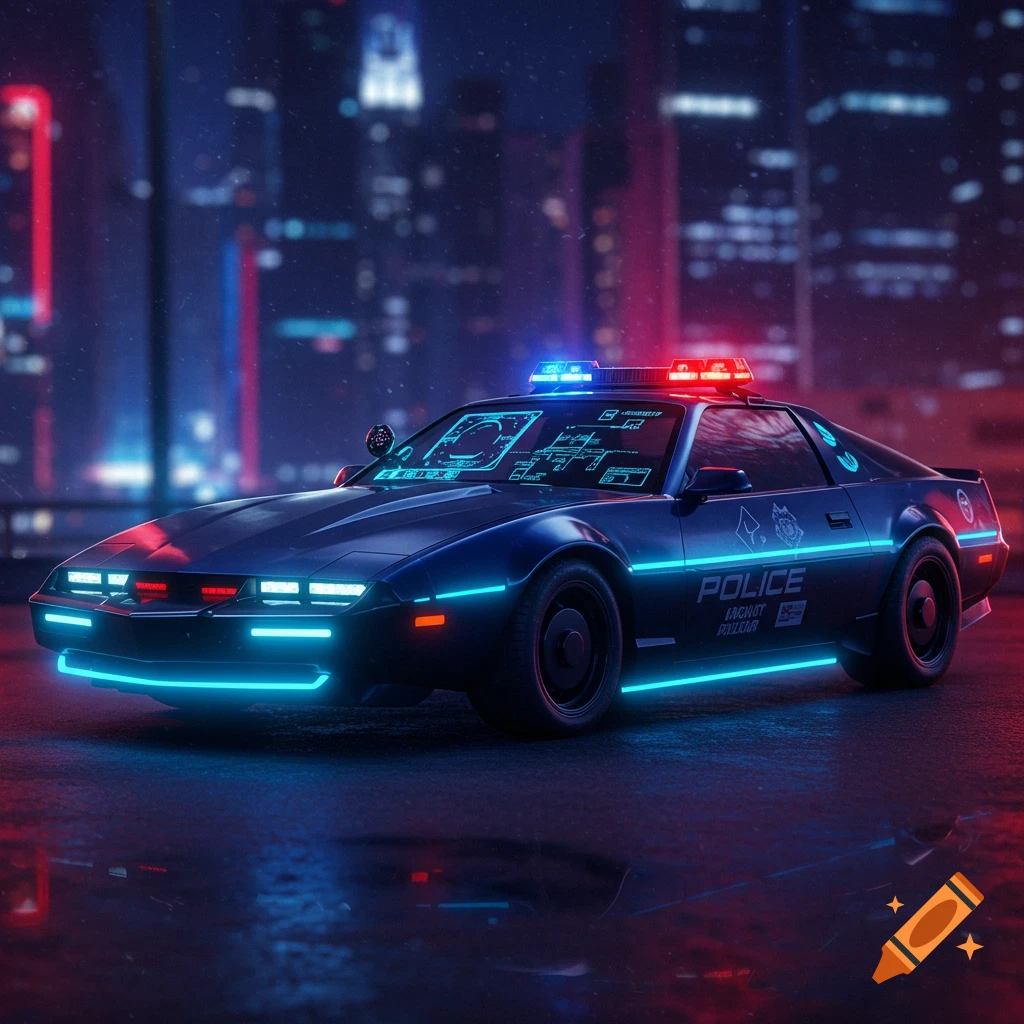 A dark blue futuristic police car with neon blue underglow and red/blue flashing lights, in a cyberpunk city at night.