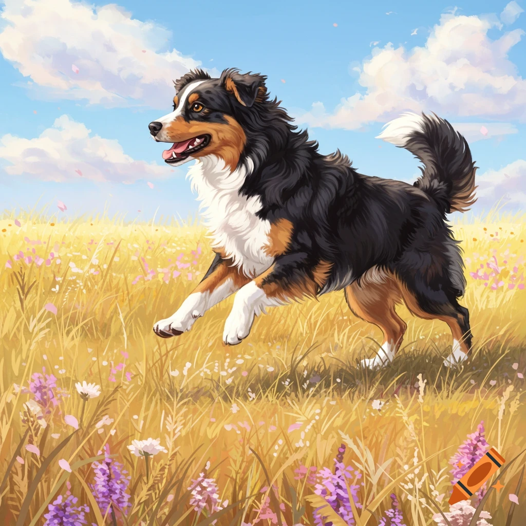 A playful tri-color Australian Shepherd runs through a sunny, golden field dotted with purple and pink wildflowers under a blue sky, in an illustrative style.