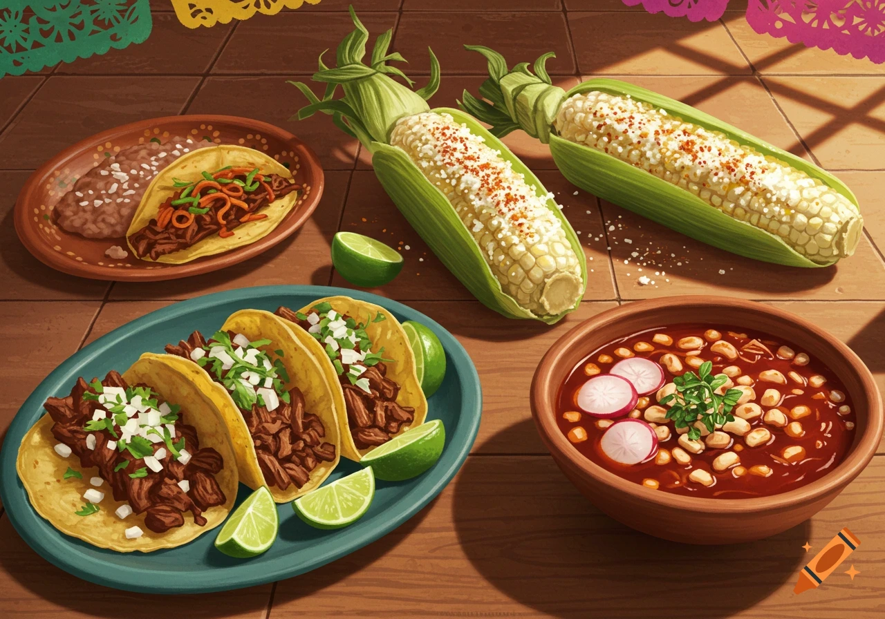 An illustrative painting of a Mexican food spread with tacos, elotes, pozole, beans, and limes on a wooden table.