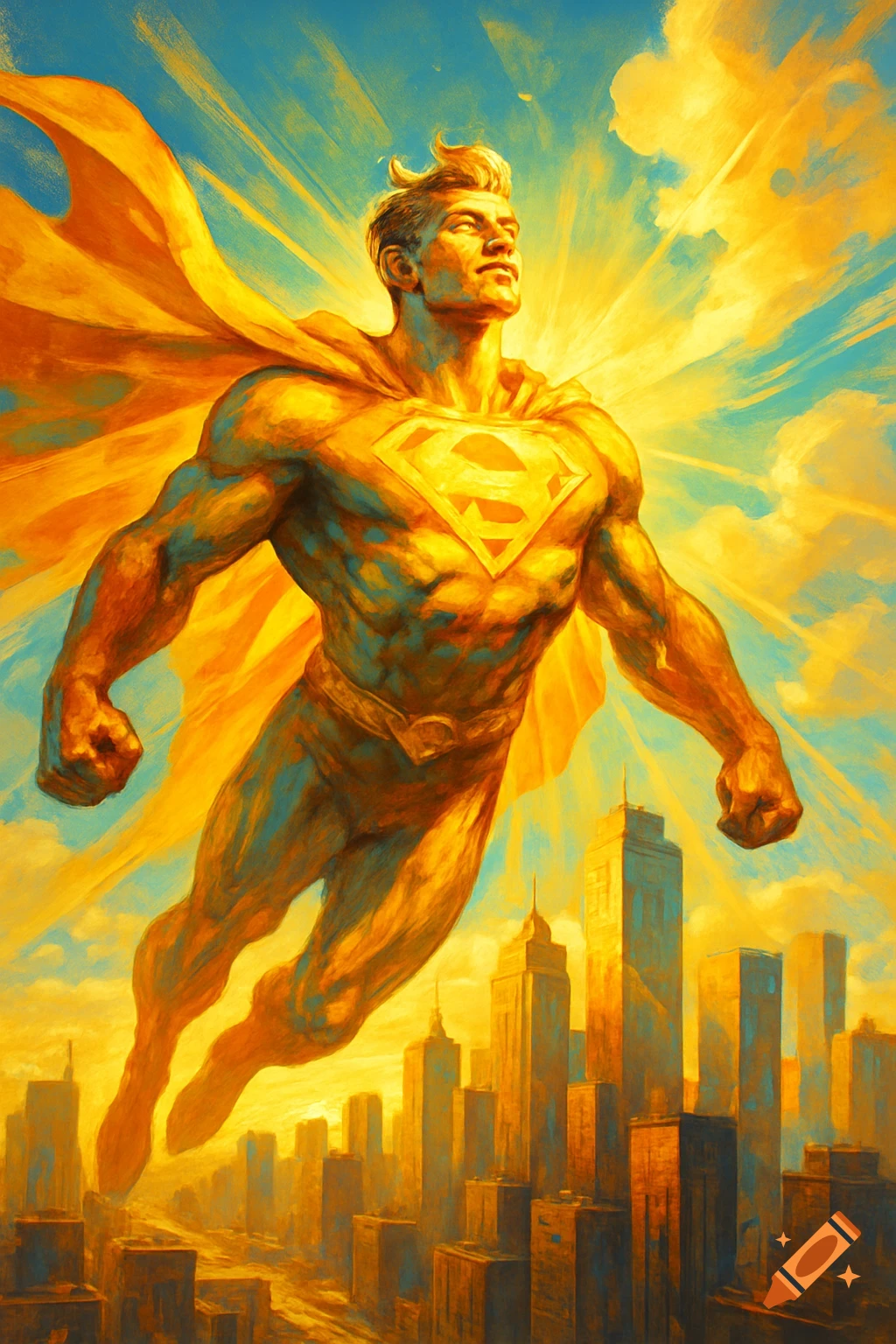 Painterly Superman flying heroically above a city under a golden sunlit sky.