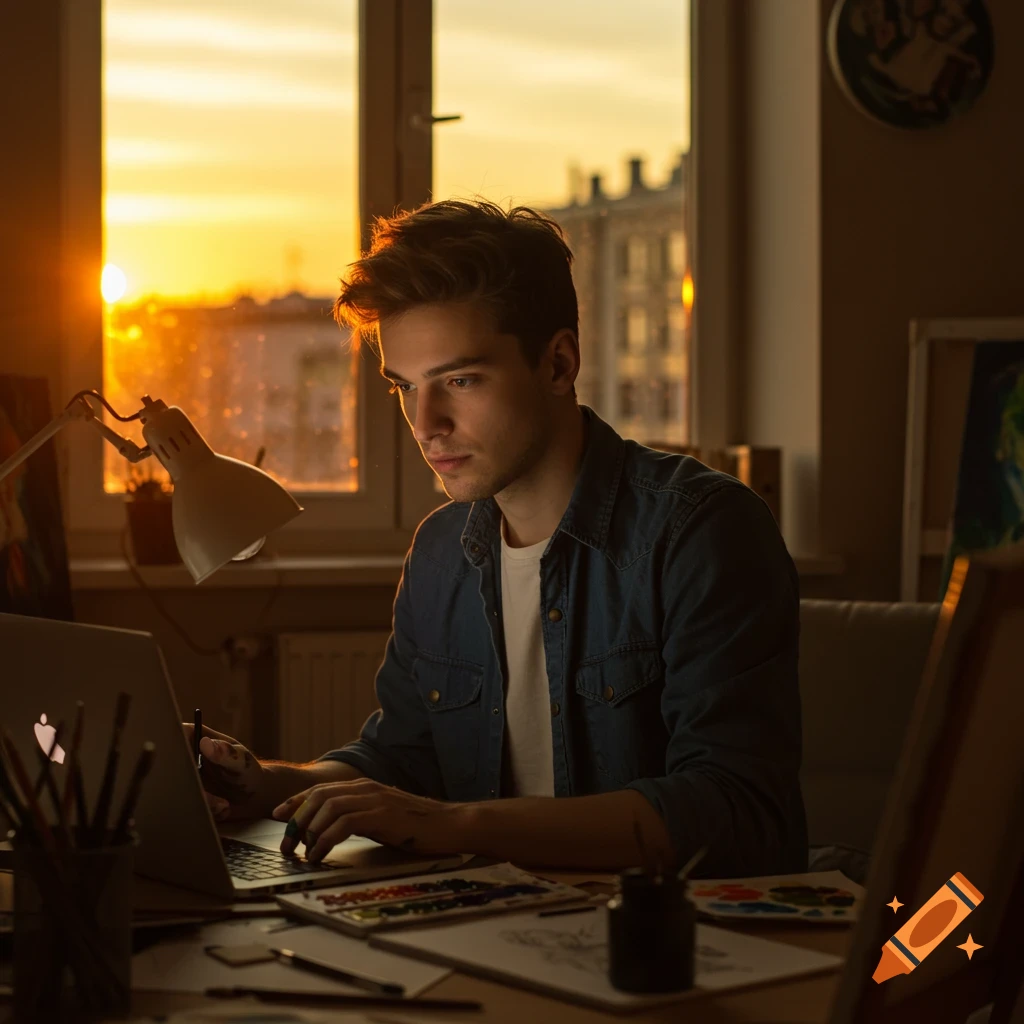 A young man works on a laptop at a desk with art supplies, bathed in the warm glow of a sunset from a window.