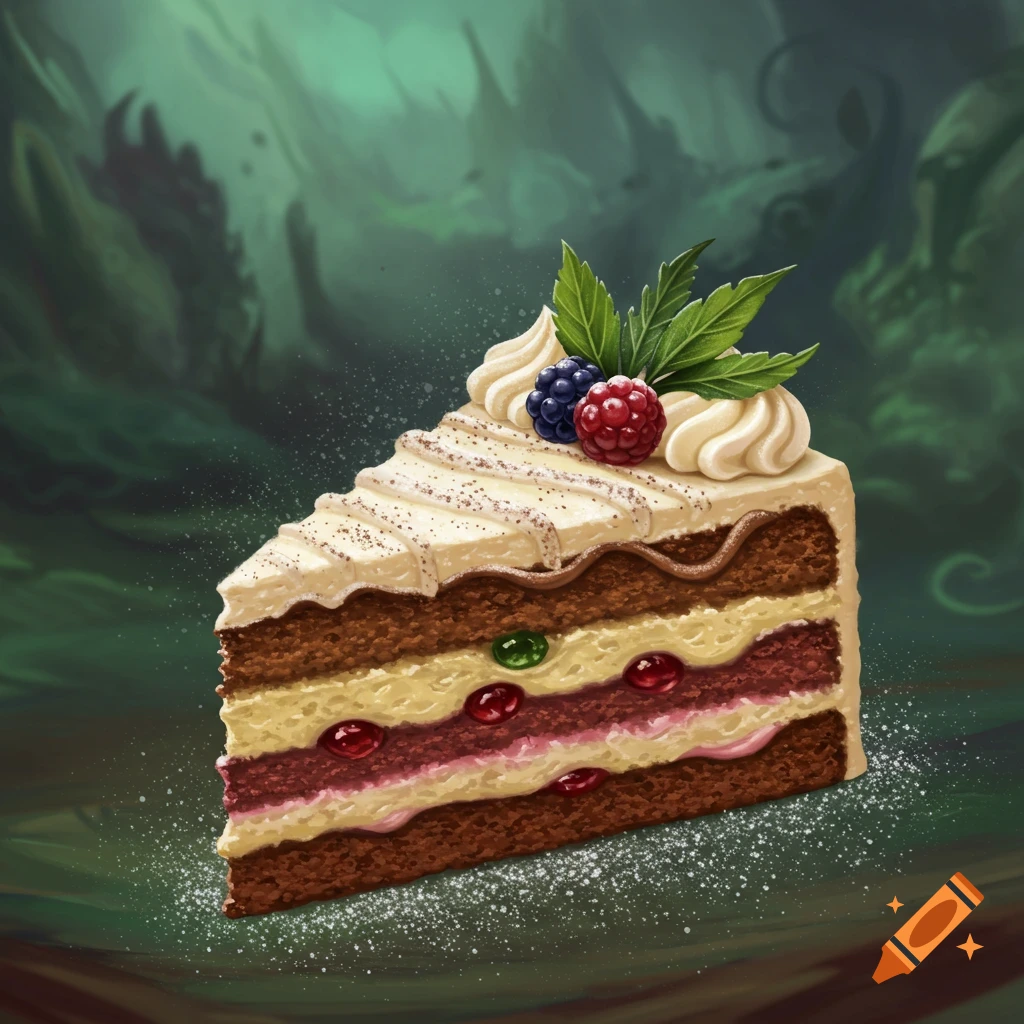 A painterly slice of layered cake topped with whipped cream, raspberries, blackberries, and mint leaves, against a dark fantasy background.