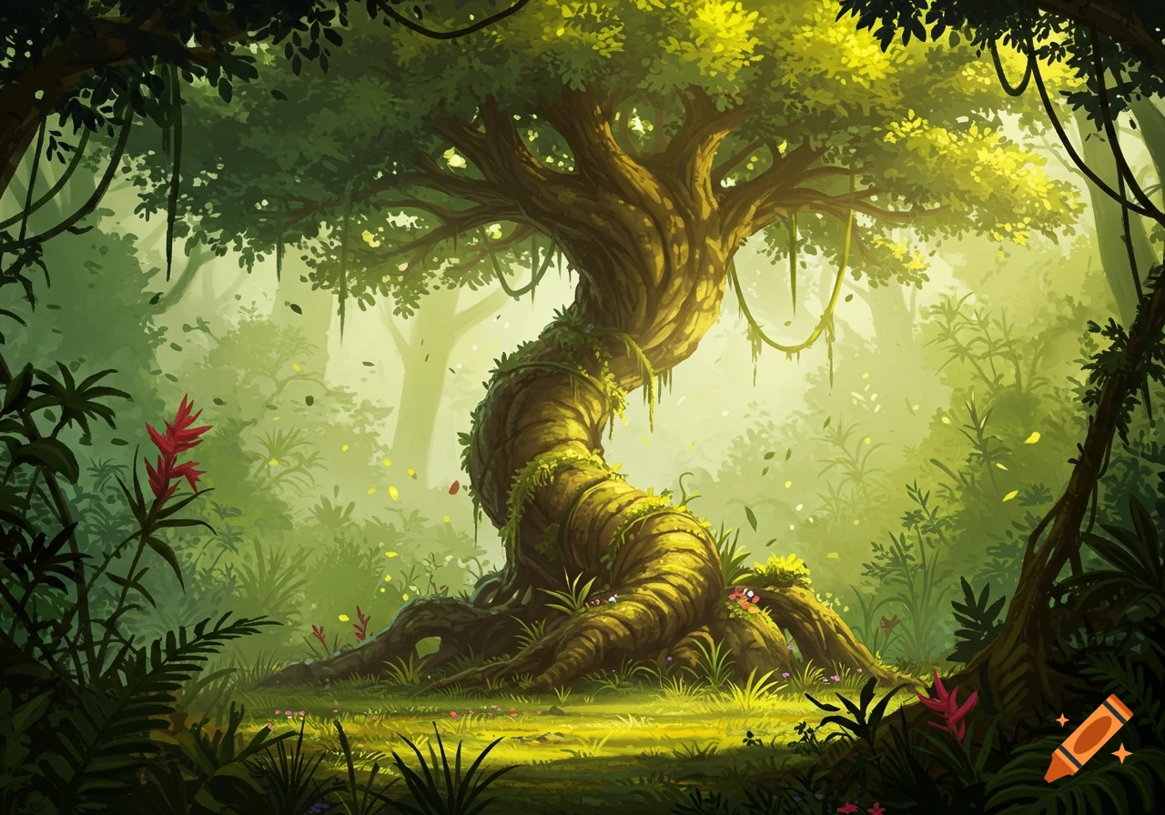 Vibrant illustration of a large, twisted tree covered in vines in a sunlit, lush jungle.