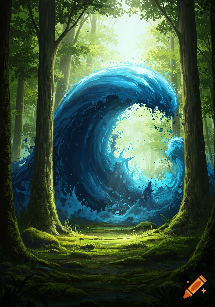 A giant blue wave splashes through a vibrant, sunlit forest with mossy trees, in a fantasy art style.