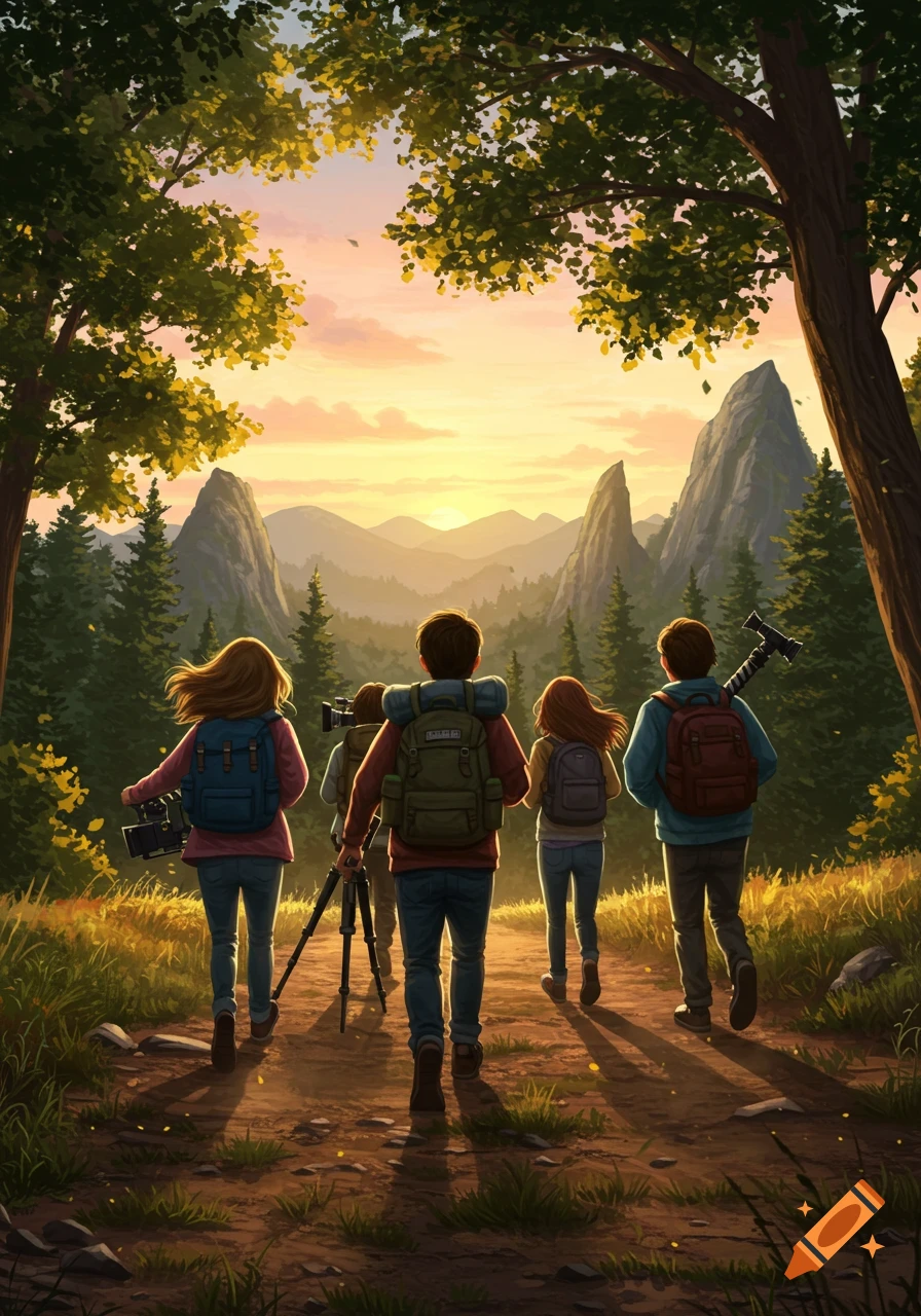 A group of hikers with backpacks and film equipment walks on a trail towards mountains at sunset in a vibrant illustration.