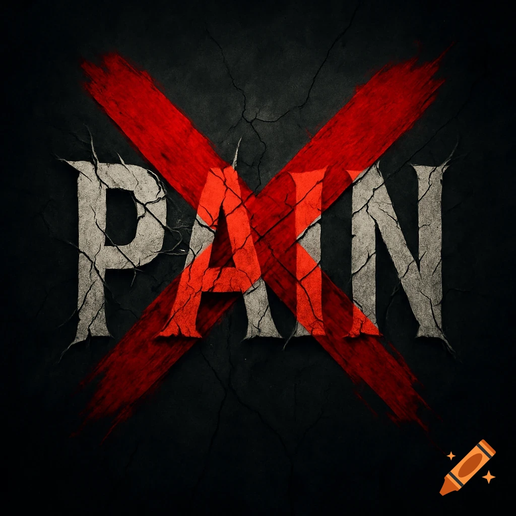 Grungy grey text 'PAIN' on a cracked dark background, crossed out by a large, textured red 'X.