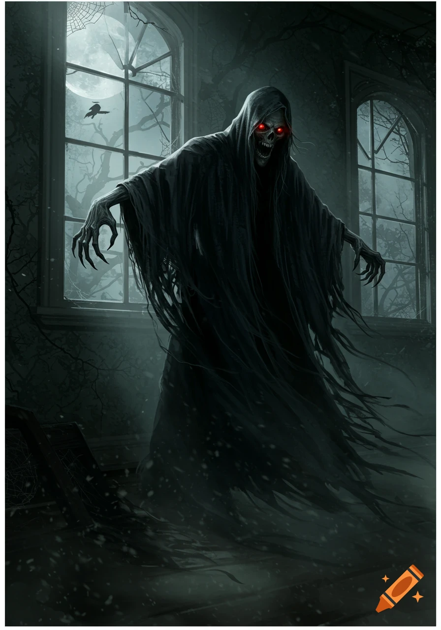 A terrifying hooded skeletal figure with glowing red eyes and long claws stands in a dark, eerie room with windows showing a full moon.