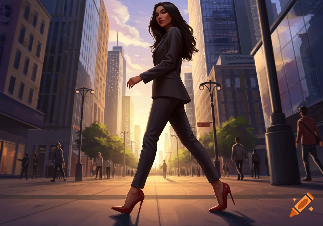 Illustration of a woman in a dark business suit and red high heels confidently striding down a city street at sunset.
