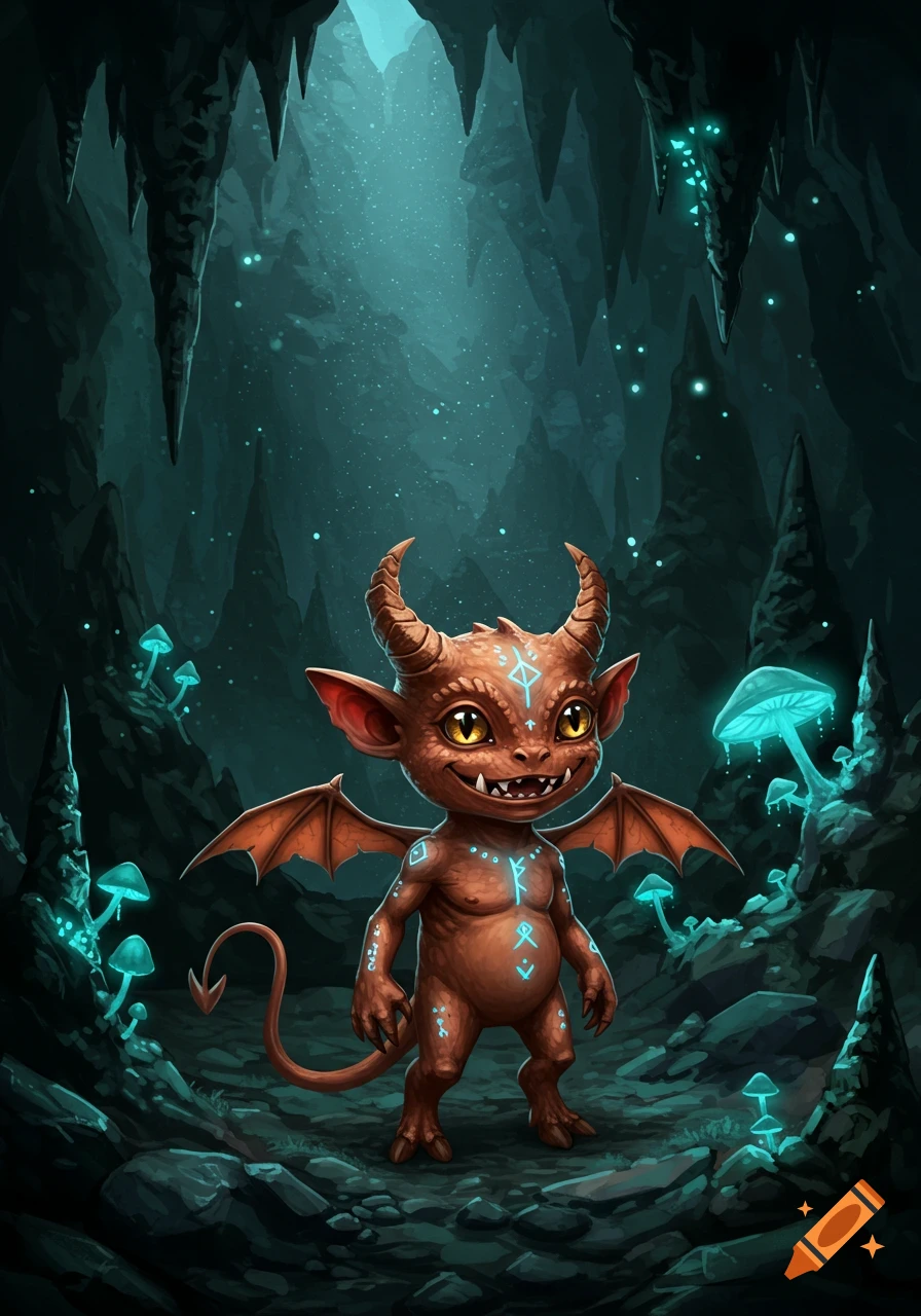 A cute, horned imp with wings and glowing runes stands in a dark cave with luminous blue mushrooms, digital art.