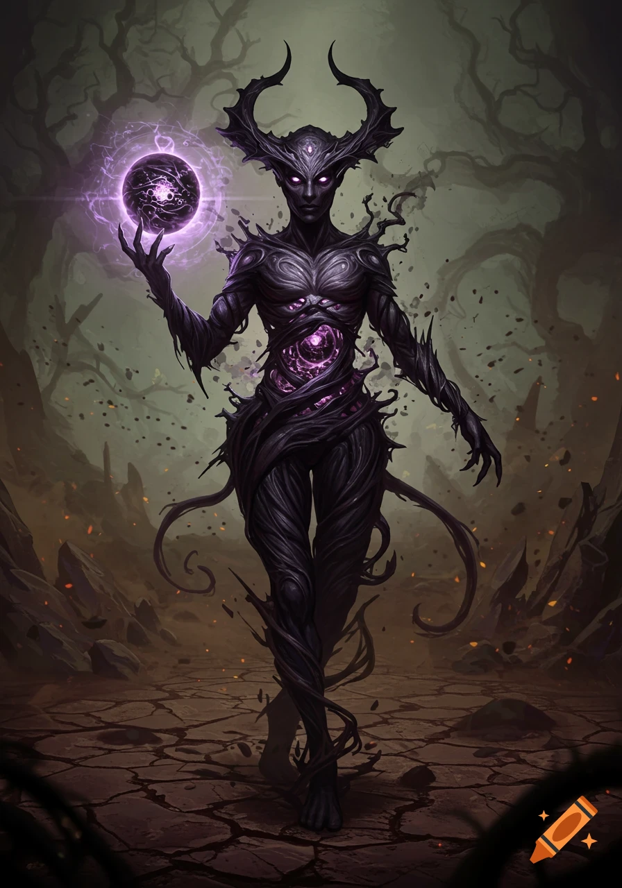 A dark, horned creature with a body of tendrils holds a glowing purple orb in a barren, cracked landscape.