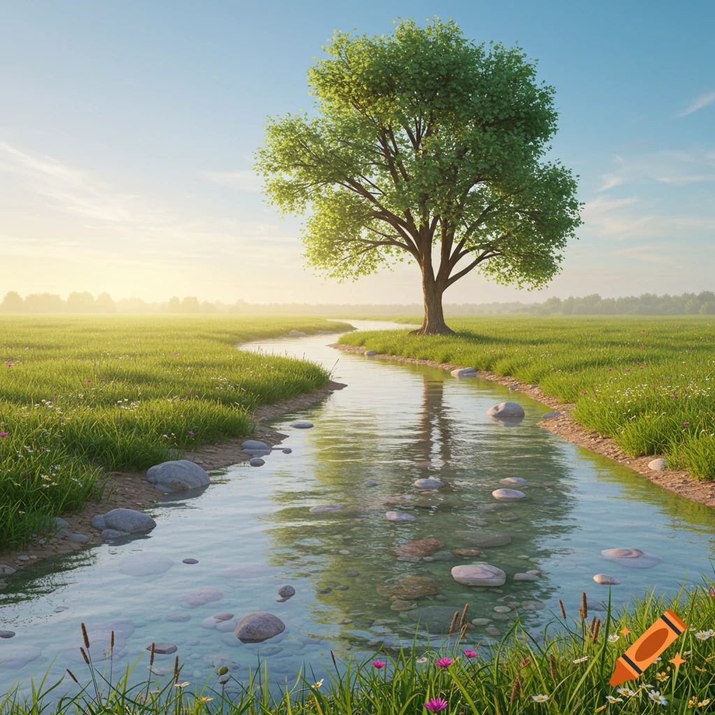A clear river winds through a lush green field under a bright sky, with a single large tree standing prominently. Photorealistic style.