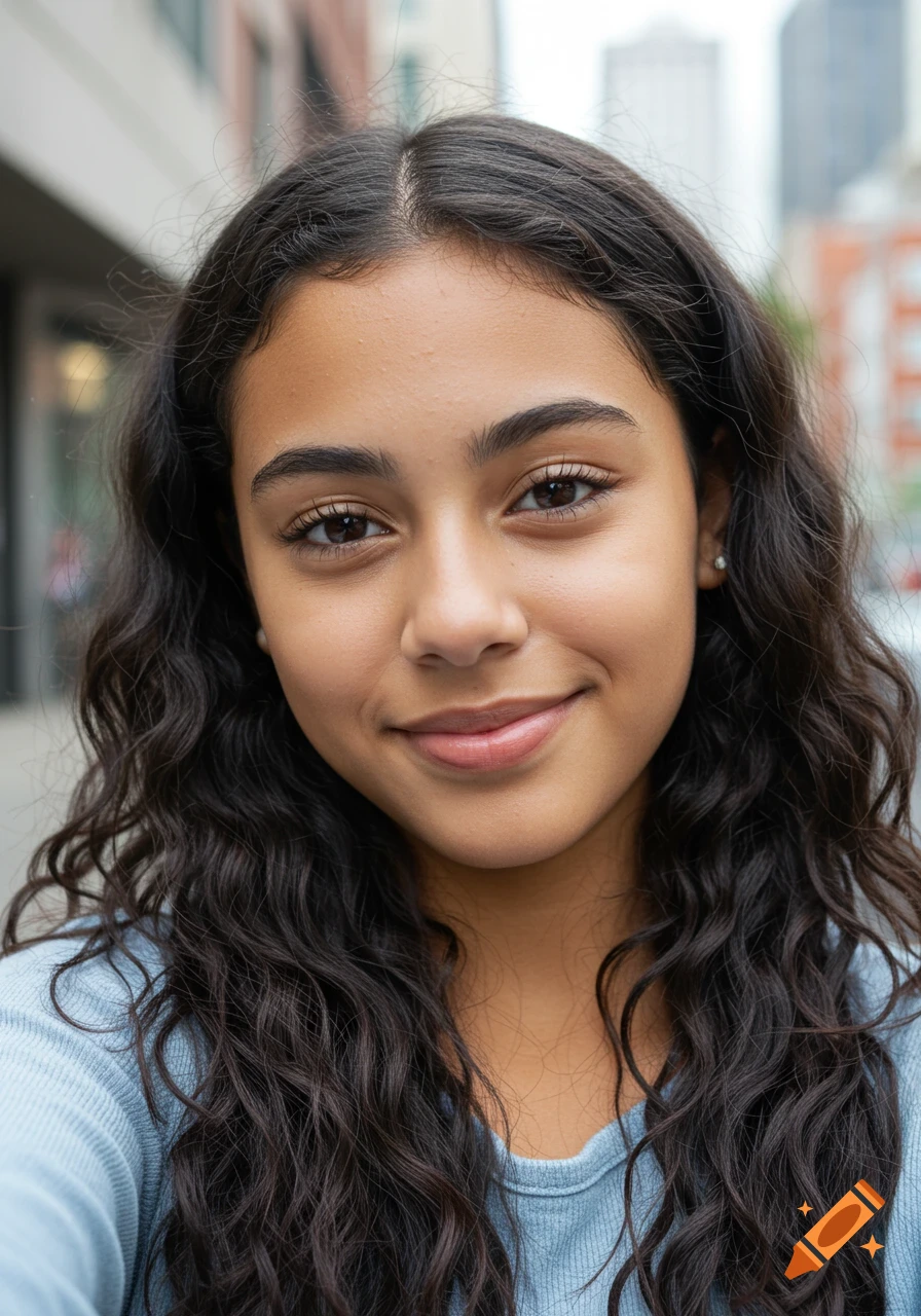 Close-up photorealistic portrait of a young Hispanic woman with dark curly hair smiling slightly.