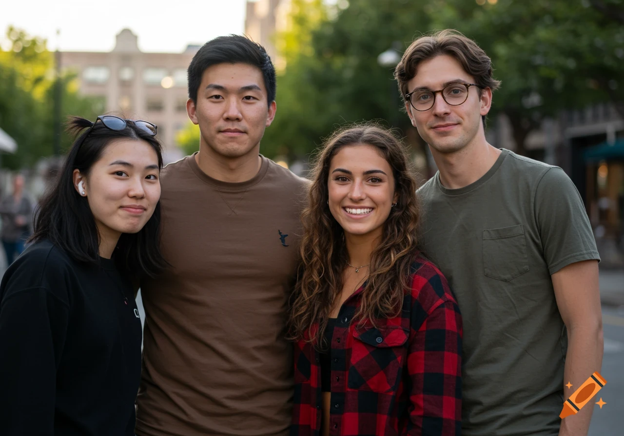 Photorealistic group portrait of four smiling young friends, two men and two women, standing outdoors in a city setting.