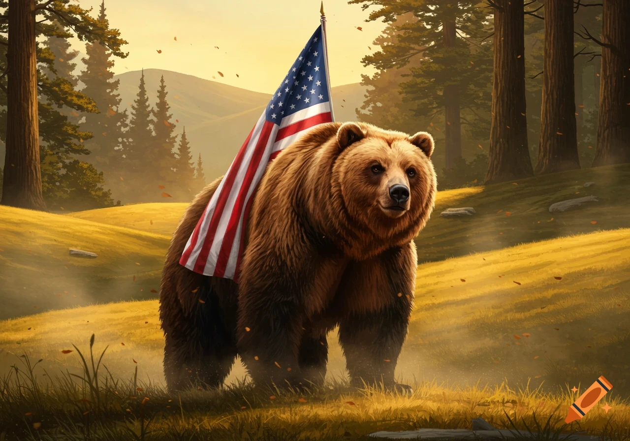 A brown bear stands in a sunlit field with an American flag draped over its back, surrounded by trees, in a realistic digital painting style.