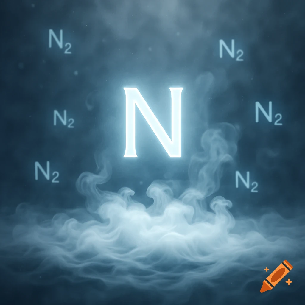 Glowing N symbol surrounded by liquid nitrogen fog and N ₂ molecules on a dark blue background.