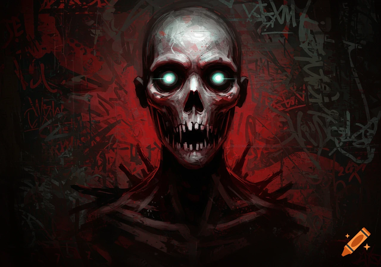 A stylized, scary skull figure with bright glowing eyes against a dark red background with abstract graffiti.