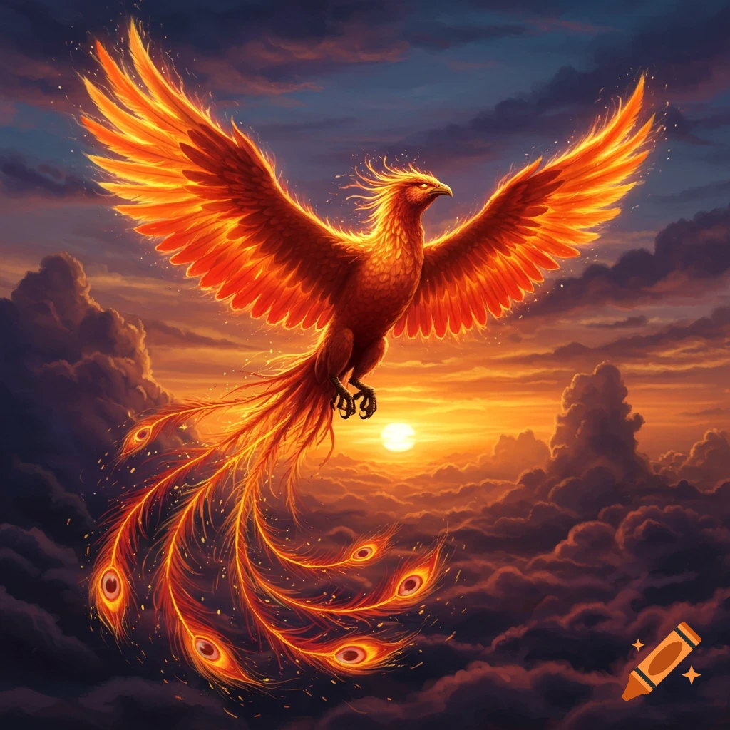 A majestic, fiery phoenix with brilliant orange and red wings soaring through a dramatic sunset sky with dark clouds.