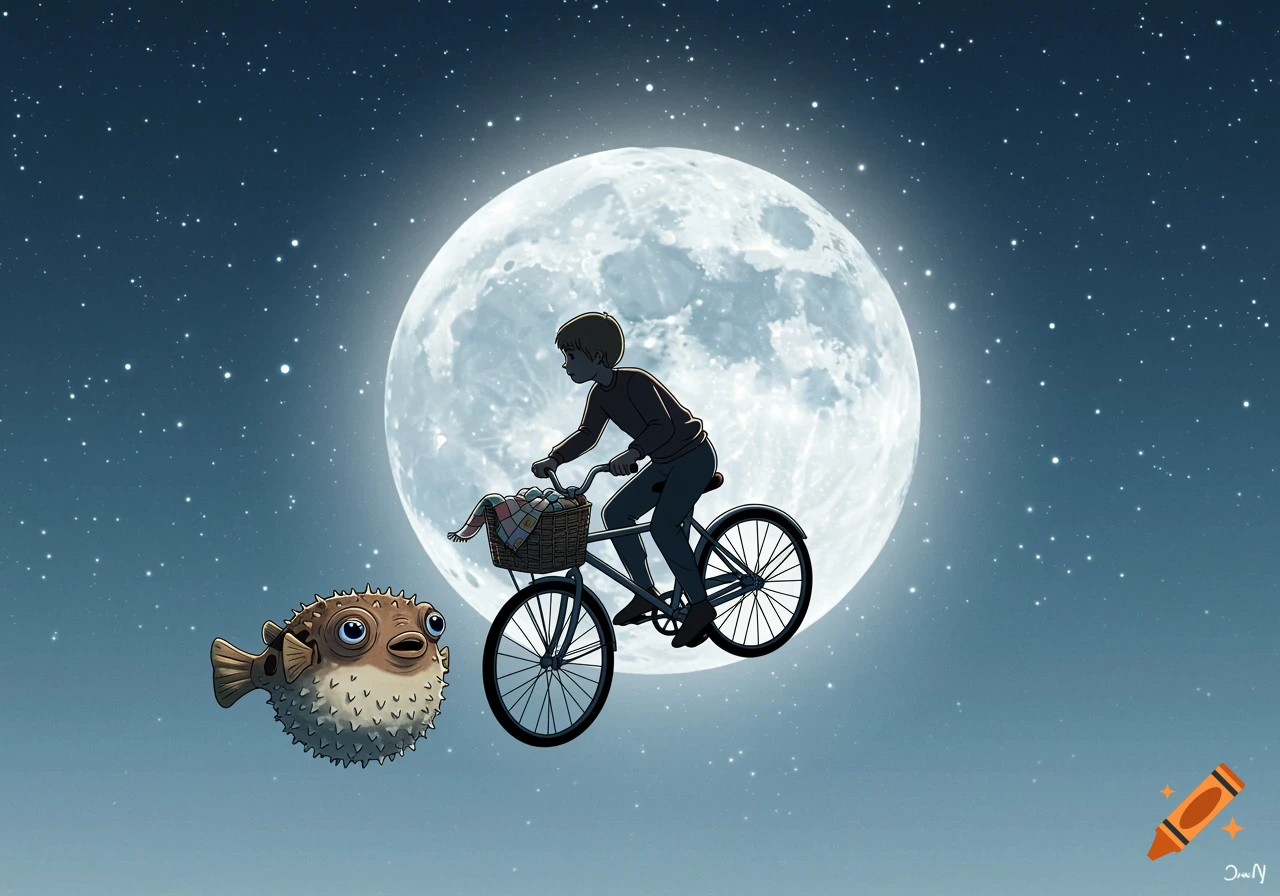 A cartoon boy on a bicycle flies through a starry night sky with a full moon, accompanied by a pufferfish.
