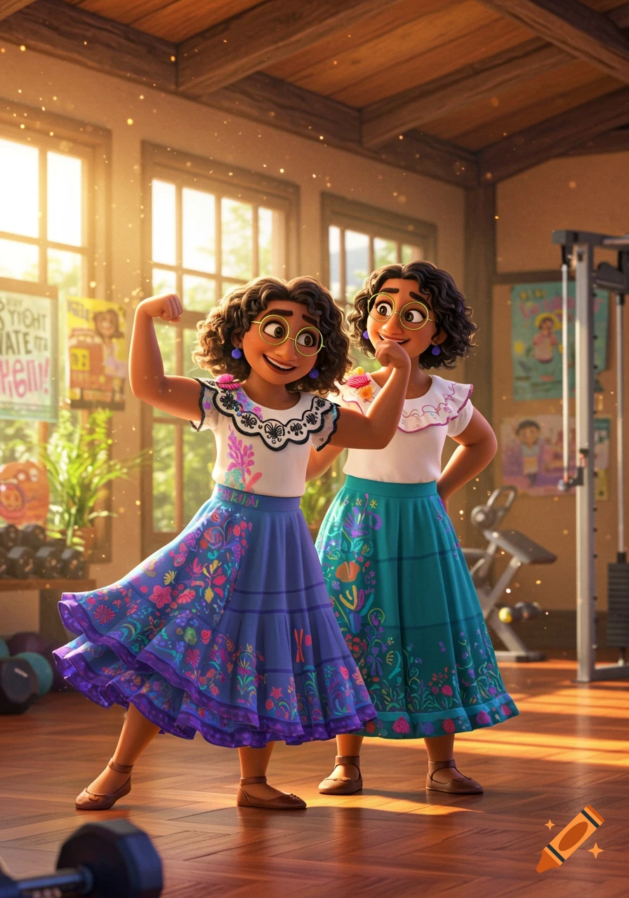 Mirabel and her mom from Encanto smile and flex in a sunlit gym, cartoon style.