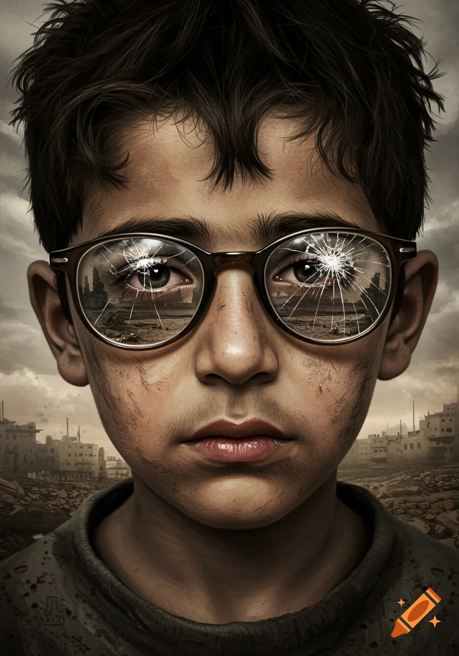 Close-up portrait of a sad young boy with dirty skin and dark hair, wearing broken glasses reflecting a dystopian, ruined city.