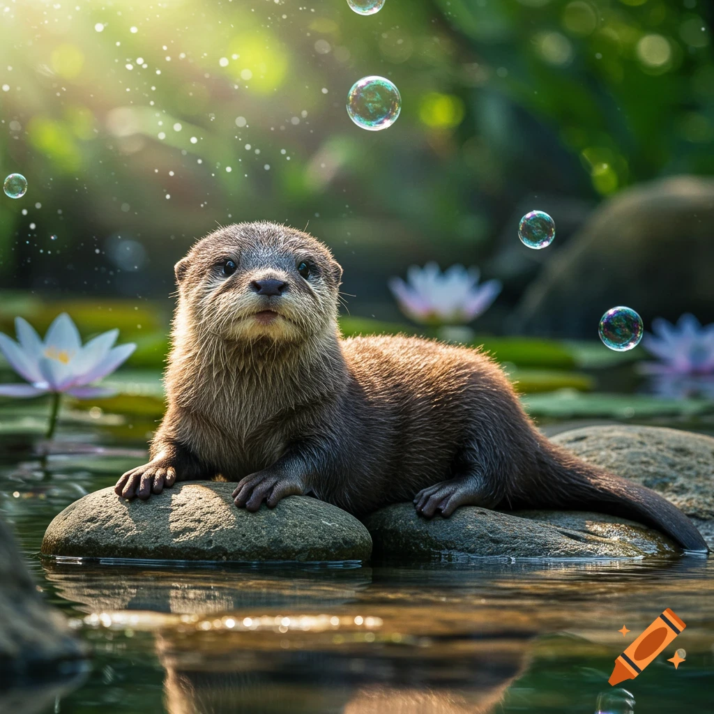 A baby otter rests on rocks in a pond with water lilies and floating bubbles, bathed in sunlight, photorealistic.