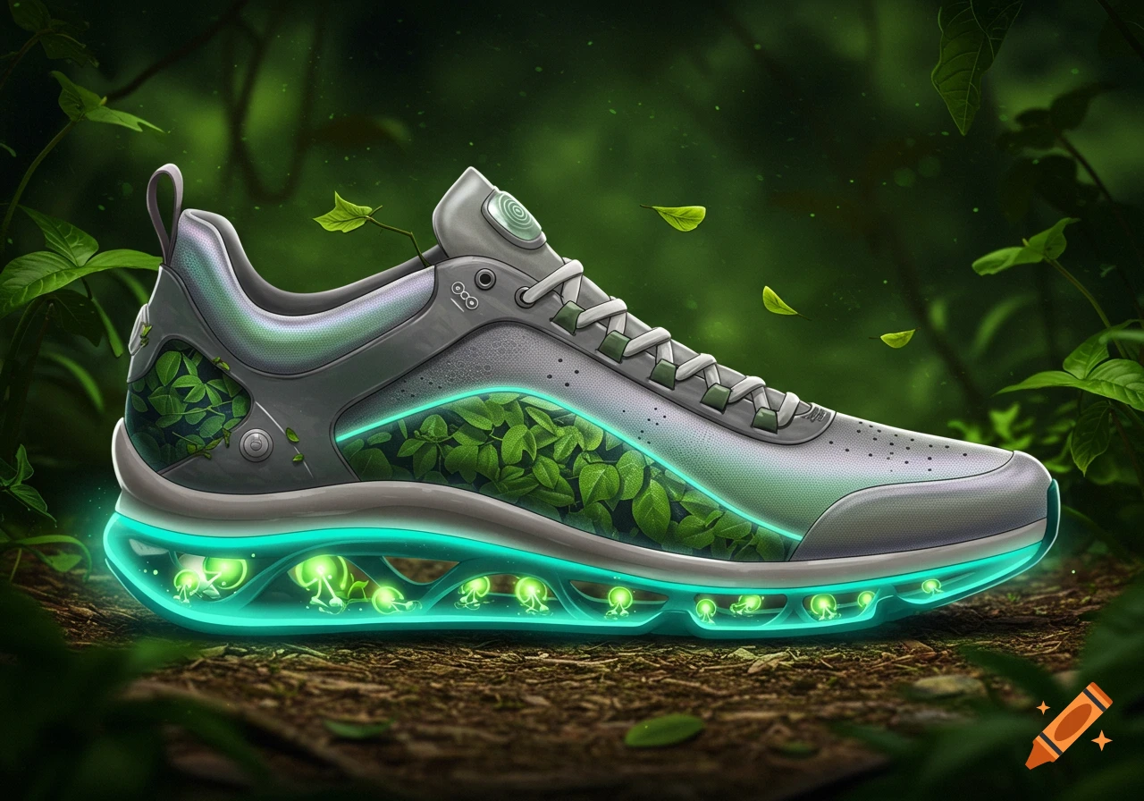 A grey and green futuristic eco-friendly shoe with glowing turquoise sole and leaves inside, on a forest floor.
